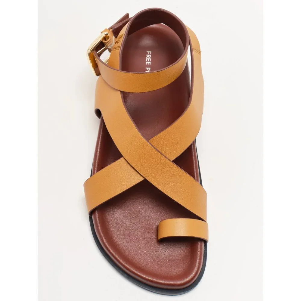Free People Tan Leather Crisscross Ankle Strap Sandals